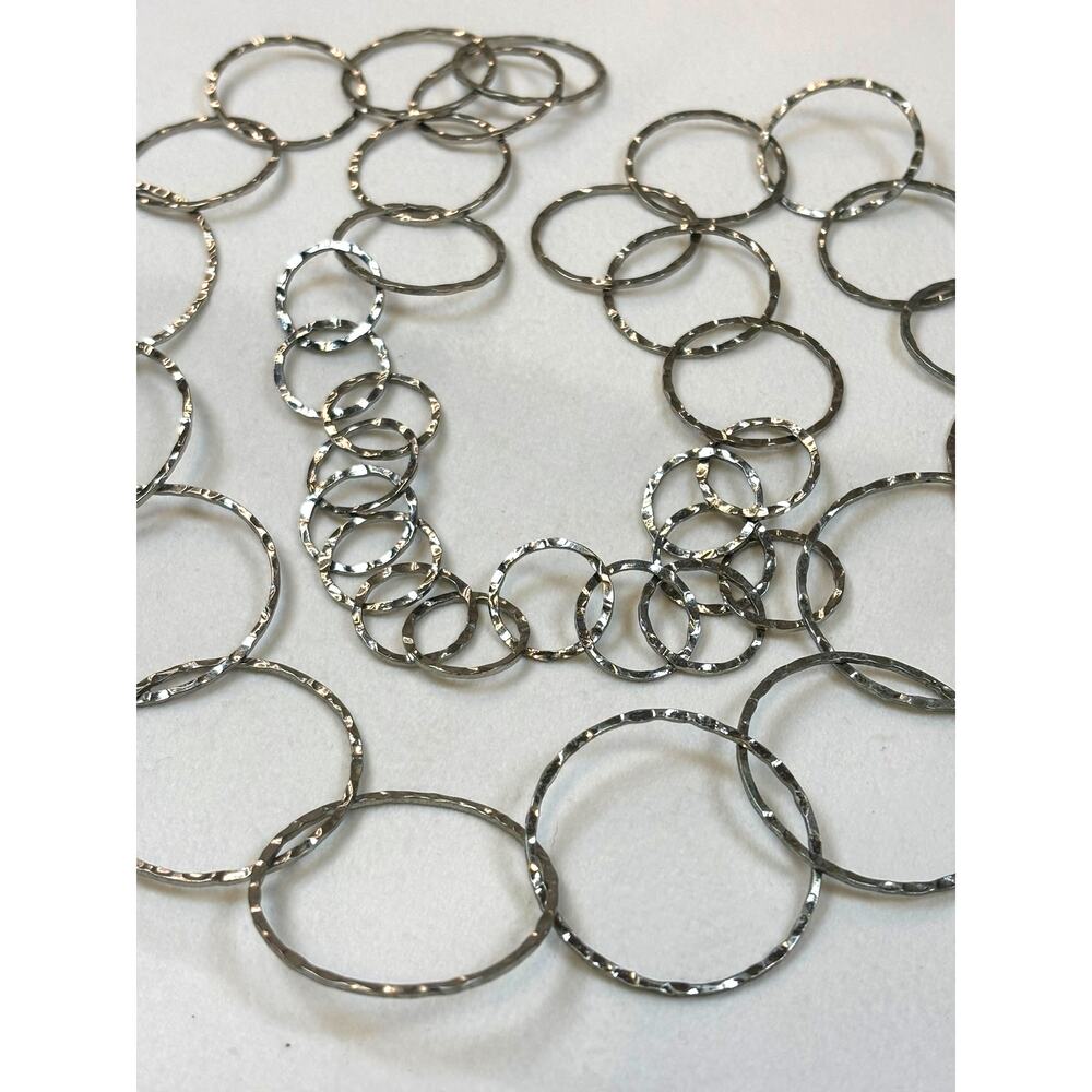 Silver Tone Necklace 37" Hammered Multi-Size Ring Circle Long Pullover Statement
